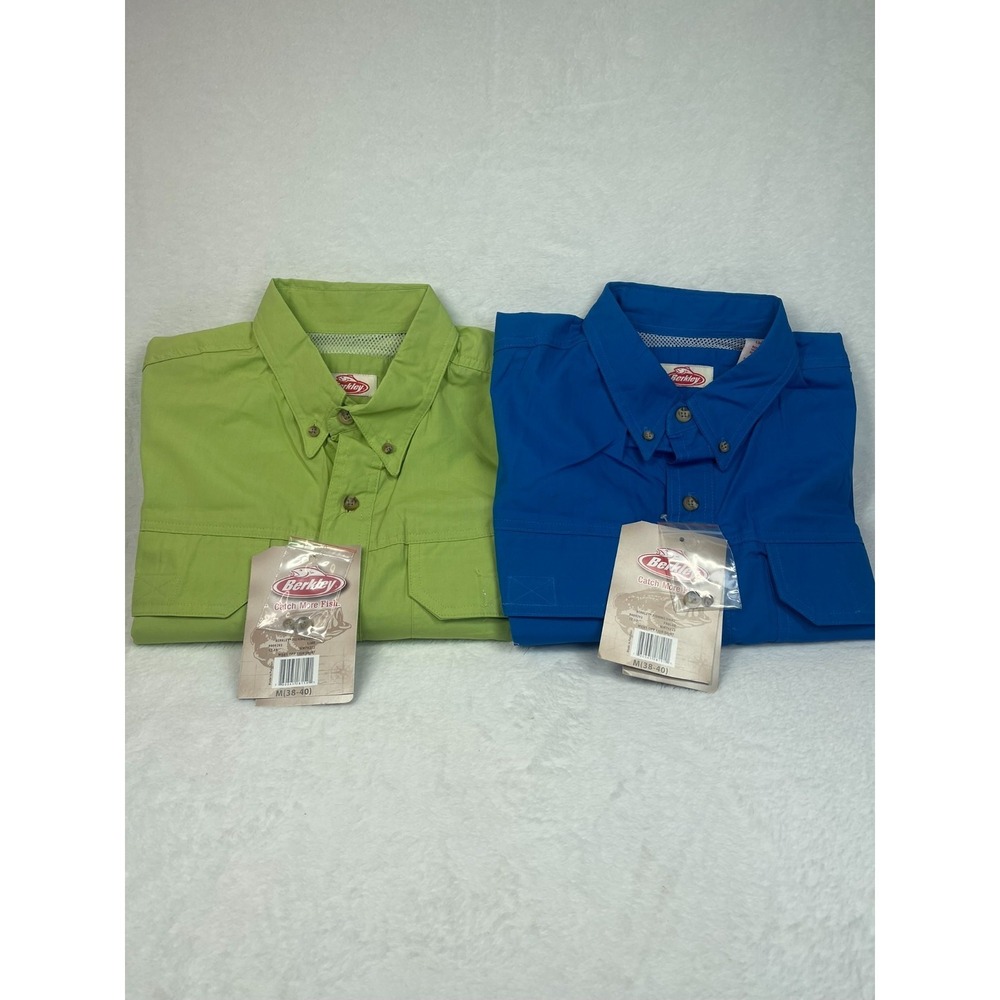 Berkley Fishing Shirts Lot 2 Mens M Blue Green Vented Short Sleeve NWT